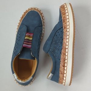 Faux Suede Leather Perforated Cork Look Slip On Sneaker 8 Blue